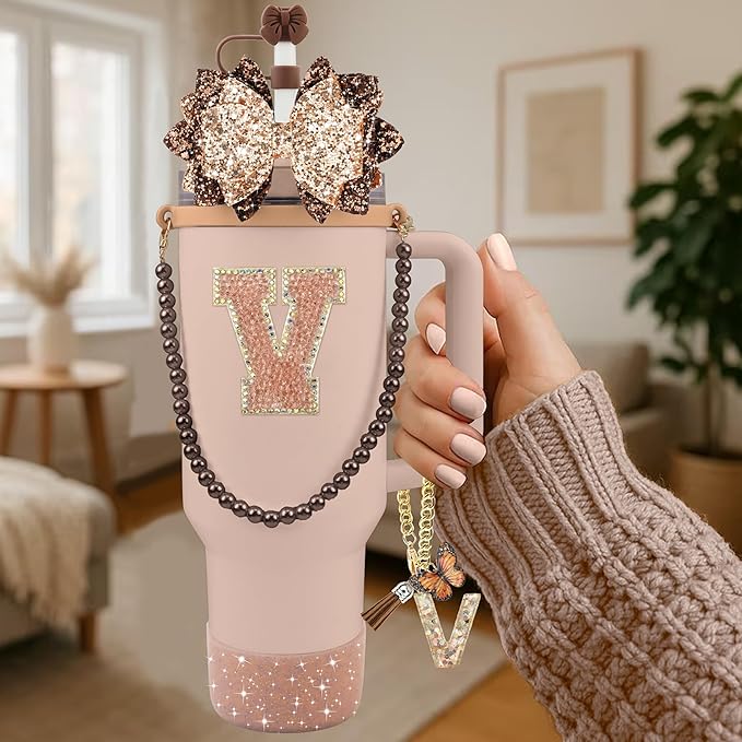 9PCS Brown for Stanley Cup Accessories Set Bling Initials Bow Charms for Stanley Decorations 30/40 Oz Tumbler Accessories Including Bow Straw Topper, Handle Strap, Spill Stopper（Letter V）