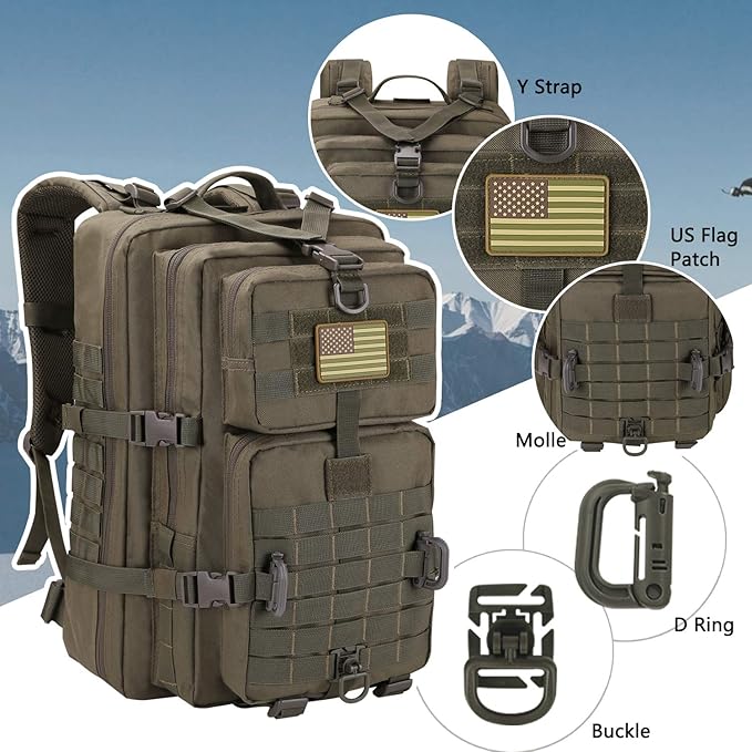 Hannibal Tactical MOLLE Assault Backpack, Tactical Backpack Military Army Camping Rucksack, 3-Day Pack Trip w/USA Flag Patch, D-Rings, Olive