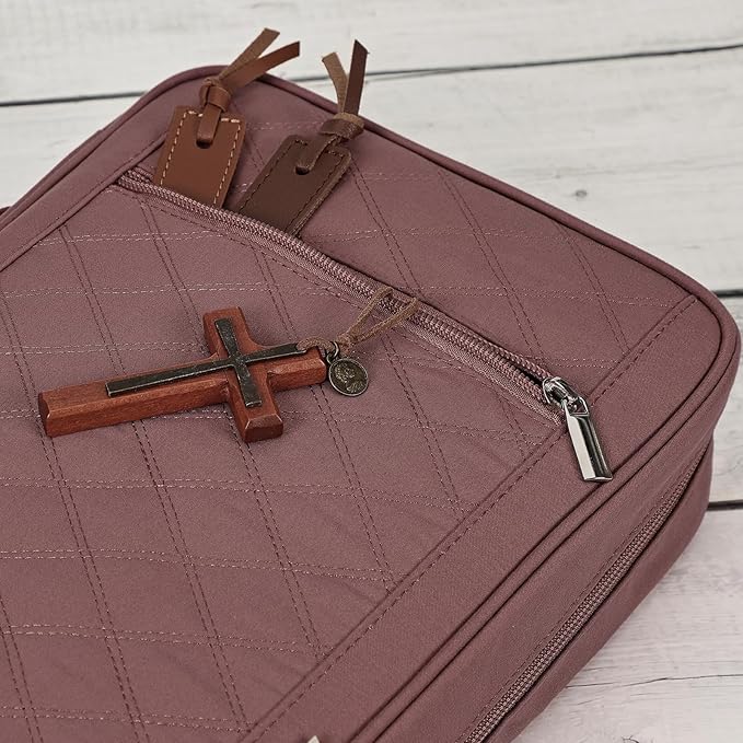 FINDCOZY Bible Cover for Women, Durable Carrying Book Case Church Bag for Biblical Accessories with Handle and Zippered Pocket,Rosewood-Pink