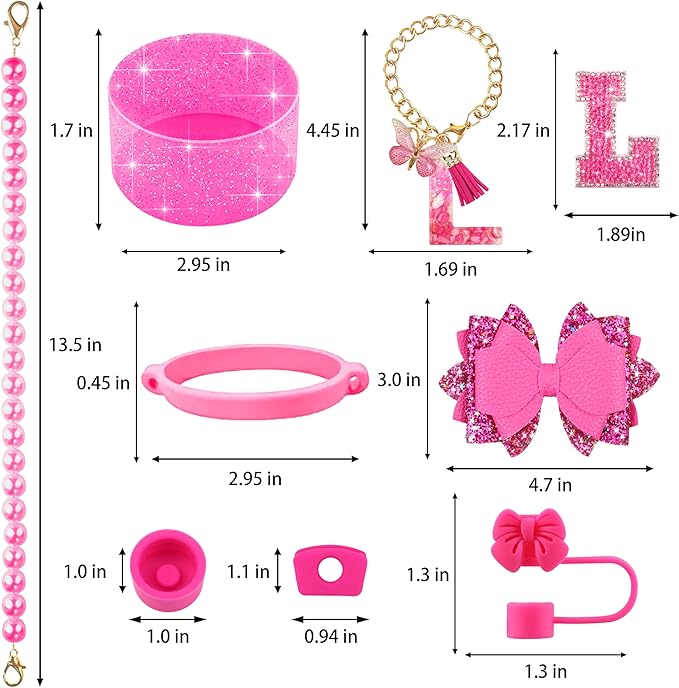 9PCS Hot Pink for Stanley Cup Accessories Set Bling Initials Bow Charms for Stanley Decorations 30/40 Oz Tumbler Accessories Including Bow Straw Topper, Handle Strap, Spill Stopper（Letter L）