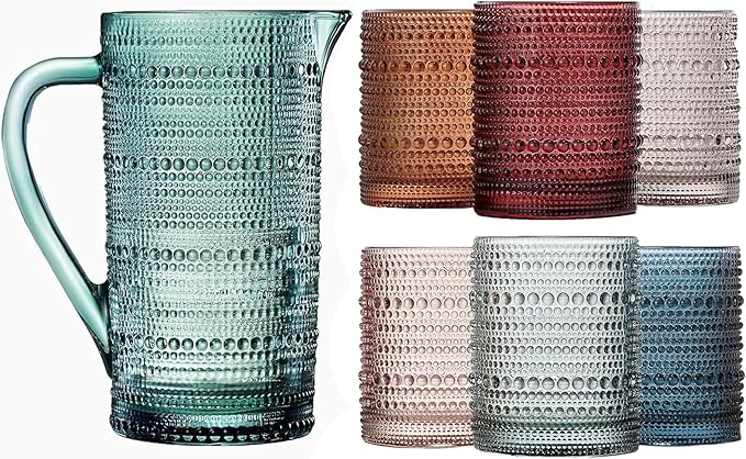 Khen Hobnail Beaded Pitcher & Tumbler Glasses Set | Set of 6 Glasses & Carafe| Vintage 11 OZ Lowball & 2.4 Litter Glass Muted Bubble Design, Old-Fashioned, Embossed Design - Water, Wine, Cocktail