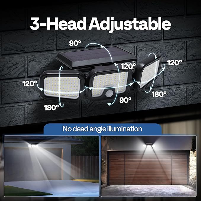 VIVOHOME Solar Flood Lights Outdoor, 256 LED 2500LM Motion Sensor Lights, 3 Adjustable Heads Security Lights, IP65 Waterproof, 270° Wide Lighting Angle Solar Powered Lights for Porch, Yard