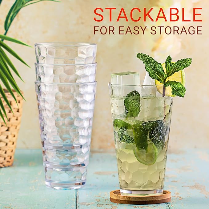 Bravario Hammered Plastic Drinking High Tumbler, Dishwasher-Safe Premium Quality Glasses, BPA-Free Reusable Outdoor Cups, 22 oz Set of 6