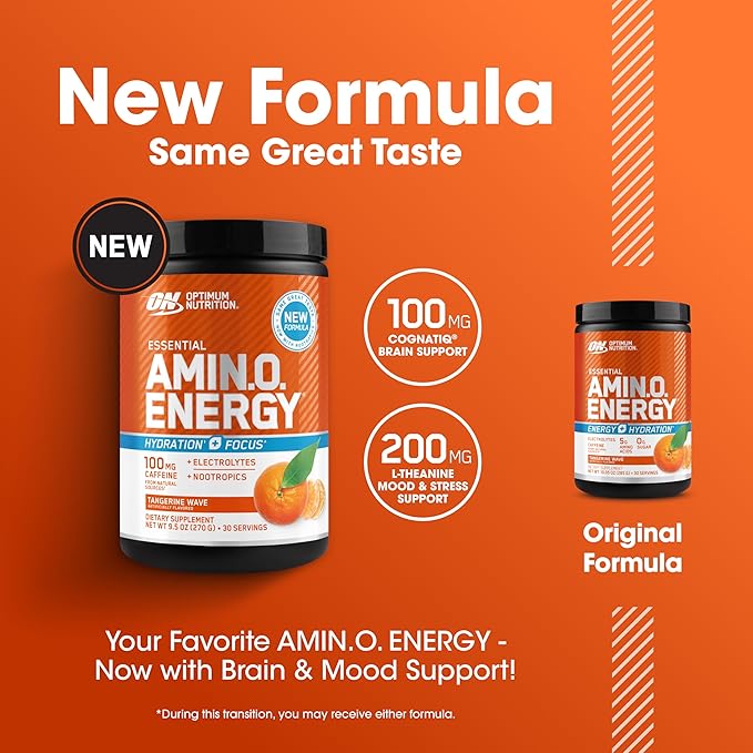 Optimum Nutrition Amino Energy Powder Plus Hydration, with BCAA, Electrolytes, and Caffeine, Tangerine Wave, 30 Servings (Packaging May Vary) (Pack of 6)