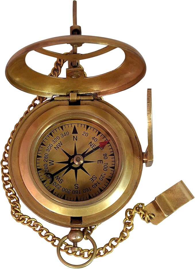 Vintage Brass Sundial Compass with Leather Case – Antique Nautical Navigation Tool, Engraved Marine Compass, Outdoor Hiking Camping Gift for Men, Father, Husband, Explorer