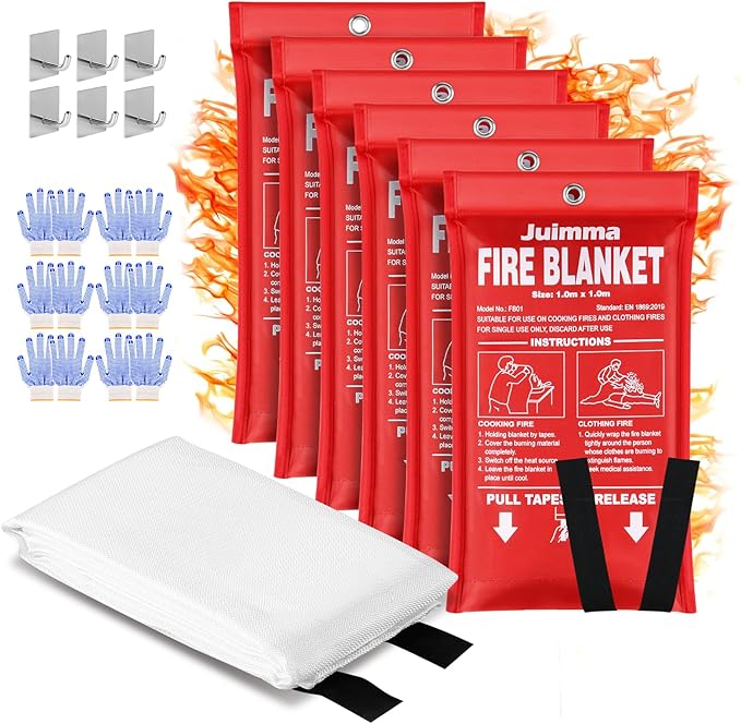 Juimma Fire Blanket for Home and Kitchen - 40" x 40" Prepared Fire Blankets Emergency for Home, School, Camping, Office, Warehouse, with Gloves and Hooks, 6 Packs