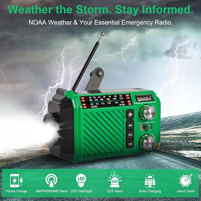 Hand Crank Emergency Weather Radio with 2600mAh/9620mWh Power Bank, NOAA AM FM Shortwave Portable Radio, Solar & USB-C Charging, Flashlight, SOS Alarm for Emergency Kits (Green)
