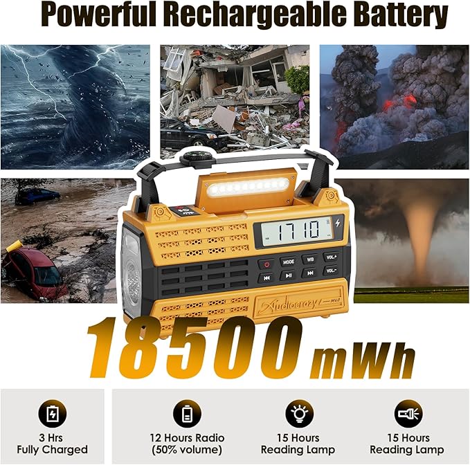 Emergency Radio, 5000mAh/18500mWh Solar Hand Crank Weather Radio with NOAA/AM/FM/Bluetooth, Crank Radio Flashlight Cell Phone Charger,Flashlight&SOS for Outdoor/Home Yellow