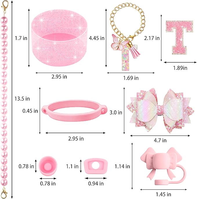 9PCS Pink for Stanley Cup Accessories Set Bling Initials Bow Charms for Stanley Decorations 30/40 Oz Tumbler Accessories Including Bow Straw Topper, Handle Strap, Spill Stopper（Letter T）