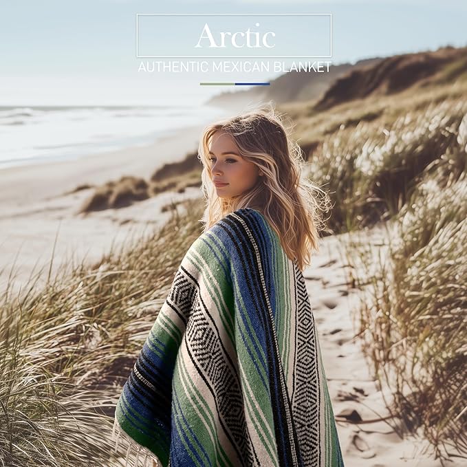 Hydration Nation Authentic Large Handwoven Mexican Blanket - Soft Yoga- Durable Serape- Lightweight Falsa, Beach, Camping, Picnic, Outdoor Blanket 70"x50" - Arctic