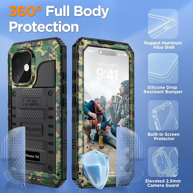 Mitywah Waterproof Case for iPhone 16, Shockproof Heavy Duty Case with Built-in Screen Protector, Underwater Full Body Protective Metal Case 6.1 inch, Camouflage