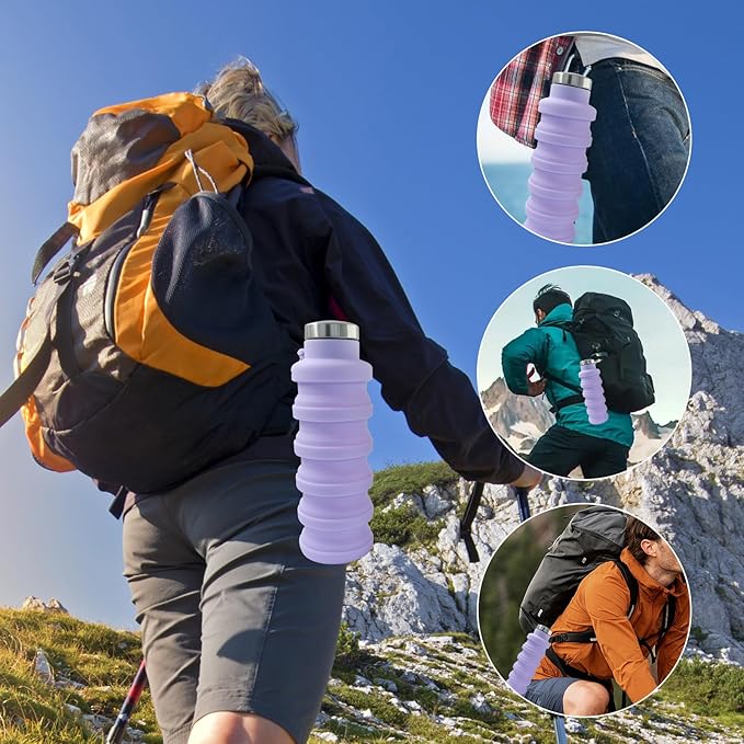 2 Pcs Silicone Collapsible Water Bottle, 17oz(500ml) Portable and Lightweight Travel Water Bottle Silicone Foldable Water Bottles(Black+Purple)