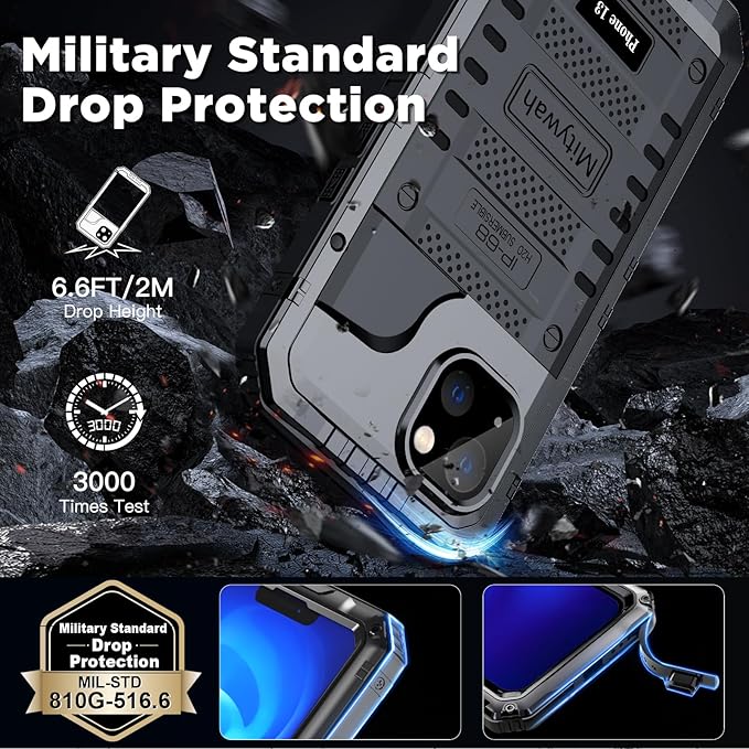 Mitywah Waterproof Case for iPhone 13, Heavy Duty Military Grade Drop Protection Phone Case with Built-in Screen Protector, 360° Full Body Protection Metal Armor Dropproof Case 6.1 inch, Black