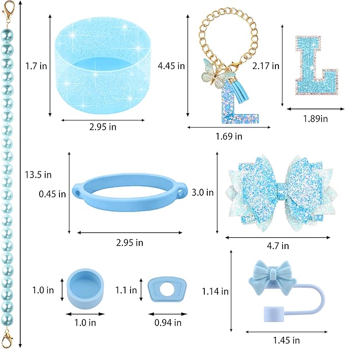 9PCS Blue for Stanley Cup Accessories Set Bling Initials Bow Charms for Stanley Decorations 30/40 Oz Tumbler Accessories Including Bow Straw Topper, Handle Strap, Spill Stopper（Letter L）