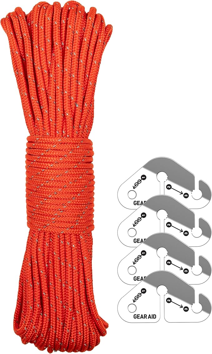 GEAR AID Reflective Guyline Kit with Line Tensioners for Tents and Tarps, 50 ft, Orange