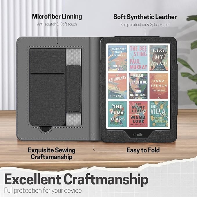 TNP Stand Case for Kindle Paperwhite 12th Generation 2024 / Kindle Colorsoft Signature Edition with Hand Strap & Card Slot - 7" PU Leather Protective Folio Cover with Auto Wake/Sleep, Black