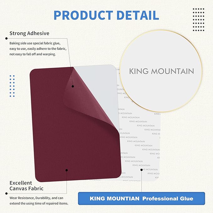 KING MOUNTAIN Canvas Repair Patch 9 x11 Inch 2 Pcs Self-Adhesive Waterproof Fabric Patch for Sofas, Tents, Furniture,Tote Bags, Car Seats (Burgundy)