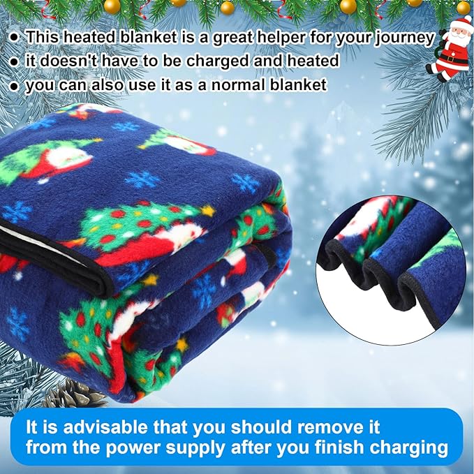 Riakrum 12V Car Heated Blanket for Cold with 2 or 3 Heating Levels 58 x 43 Emergency Winter Adjustable Temperature Electric Blanket Throw Gift Plugs in Car RV Truck SUV(Classic Color,Flying Santa)