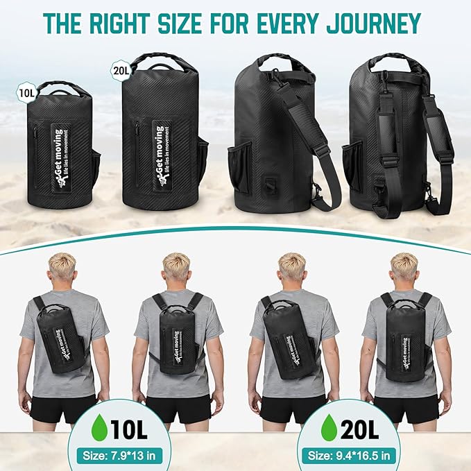 BKNOOU Dry Bag Waterproof Backpack for Women Men, 10L/20L Roll Top Dry Bags for Kayaking Waterproof Bag for Travel, Boating, Beach, Camping, Hiking & Rafting, Dry Storage Bag with Phone Pouch