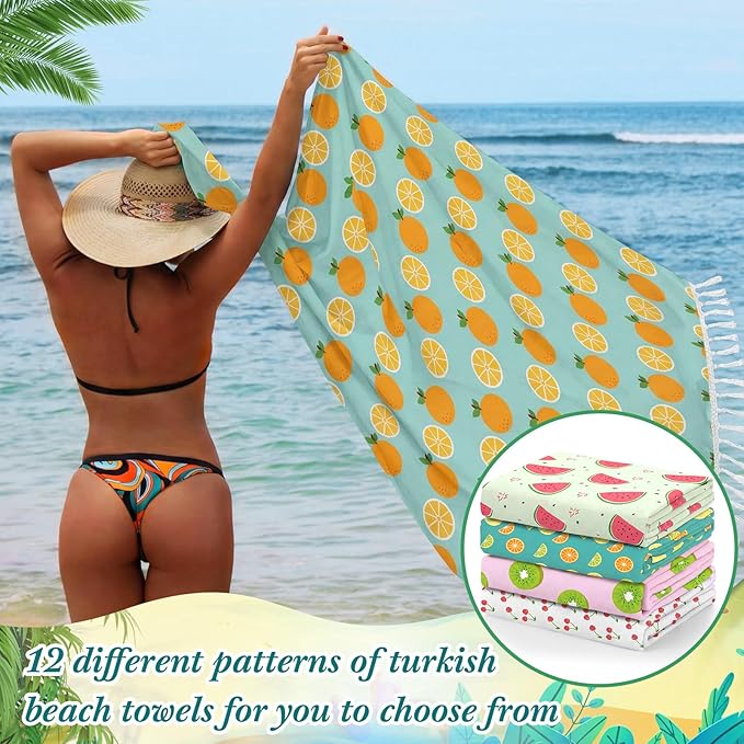 Peryiter 24 Pack Microfiber Oversize Turkish Beach Towel Set 12 Large Absorbent Beach Towels with 12 Storage Bag 28 x 55 Quick Dry Lightweight Bath Towel Blanket for Hawaii Camp Swim Pool(Fruit)