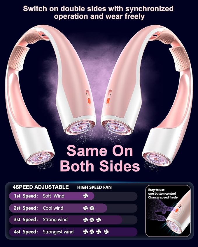 Rohent Neck Fans for Women Rechargeable: High Velocity 4 Speeds Cooling Personal Fan Lightweight USB Rechargeable for Women Girls - Pink