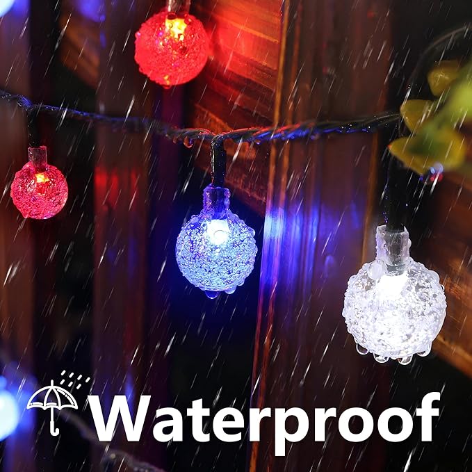 Joomer 4th of July Red White Blue Solar String Lights,39FT 60LED Waterproof with 8 Lighting Modes Patio Lights for Independence Day Garden Yard Gazebo Party