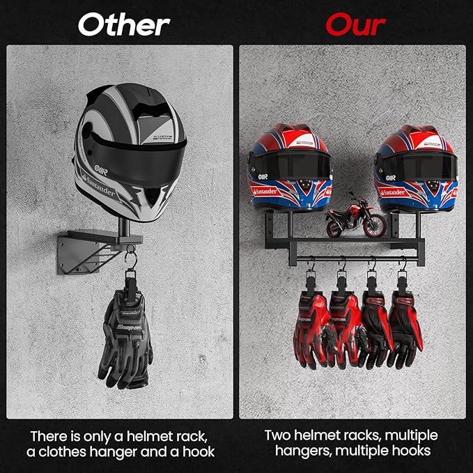 Motorcycle Helmet Holder Wall Mount, Helmet Rack with 4 Glove Clips, Motorcycle Gear Rack Storage, Motorcycle Accessories Organizer for Entryway or Garage