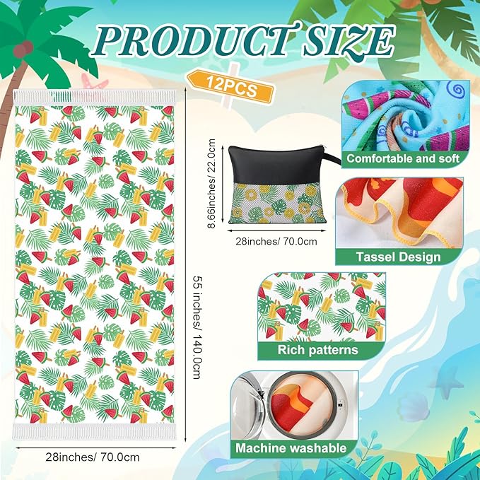 Peryiter 24 Pack Microfiber Oversize Turkish Beach Towel Set 12 Large Absorbent Beach Towels with 12 Storage Bag 28 x 55 Quick Dry Lightweight Bath Towel Blanket for Hawaii Camp Swim Pool(Summer)