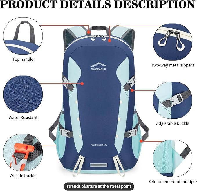 BAGPARKK Hiking Backpack,Large 35L Travel Backpacks for Men Women,Water Resistant Ultra Lightweight Foldable Packable Camping Daypack for Outdoor Sports