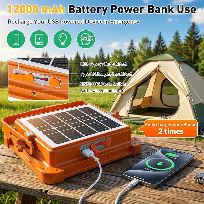 Solar Rechargeable Work Light, 474 LED 12000LM Portable Flood Lights, 12000mAh LED Work Light with 5 Modes, Waterproof Outdoor Job Lighting for Emergency Camping Repair, Solar & Type-C Charging