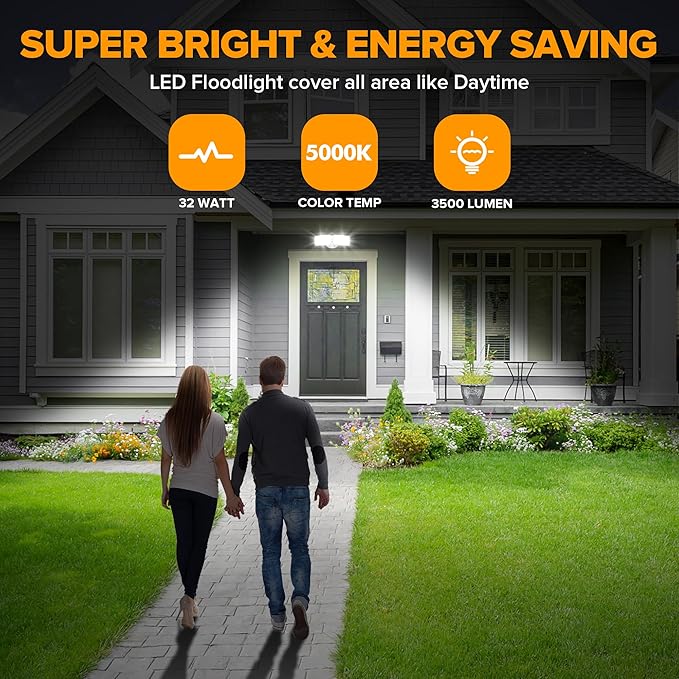 LUTEC 32W 3500LM Integrated Dual-Head LED Flood Light Outdoor,Switch Controlled LED Security Light,5000K Wall Mount Exterior Flood Light,P65 Waterproof for Garage, Yard, Patio-White