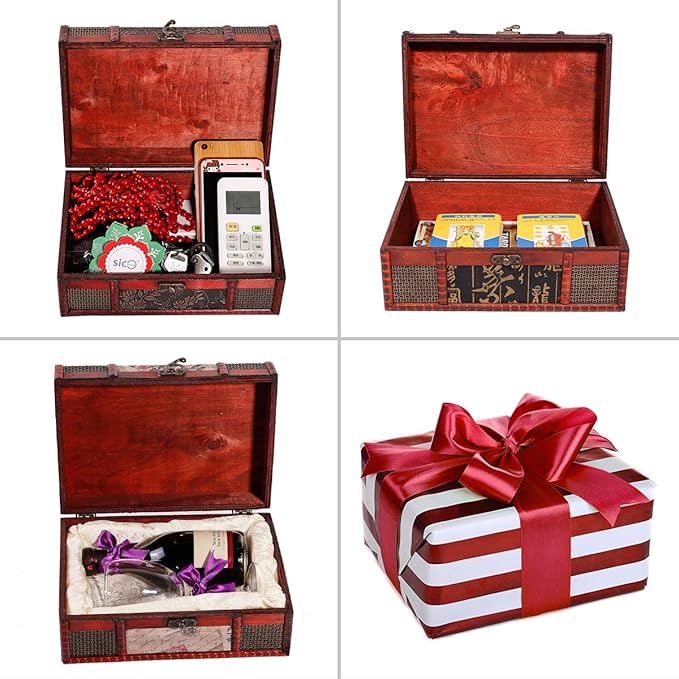 SICOHOME Treasure Chest - 9" x 6.3" x 3" Wooden Pirate Treasure Box with Hinged Lids, Rustic Vintage Decorative Keepsake and Jewelry Box, Trinket Storage Chest Box, Gifts and Home Decoration