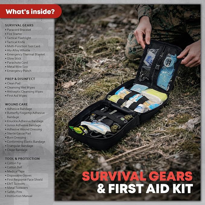 242 Piece First Aid & Survival Kit – Molle Pouch IFAK, 1000D Nylon, Color-Coded Compartments, Medical Kit for Camping, Boat, Hunting, Hiking, Home, Car/Home/Earthquake Emergency (Black)