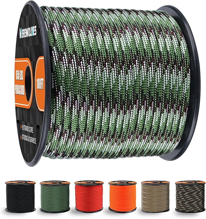 WEREWOLVES 650lb Paracord/Parachute Cord - 9 Strand Paracord Rope - 100', 200' Spools of Parachute Cord, Type III Paracord for Camping, Survival