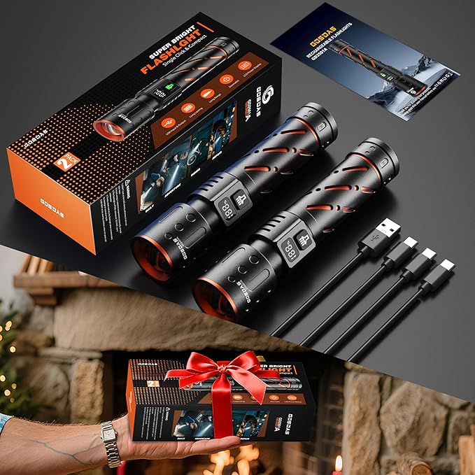Rechargeable Flashlights High Lumens 100000 2 Pack, Super Bright 30W LED, Long Lasting 12H, Single Click 3 Modes, Multifunctional USB C Input Output LCD Power Display, for Camping Hiking Home