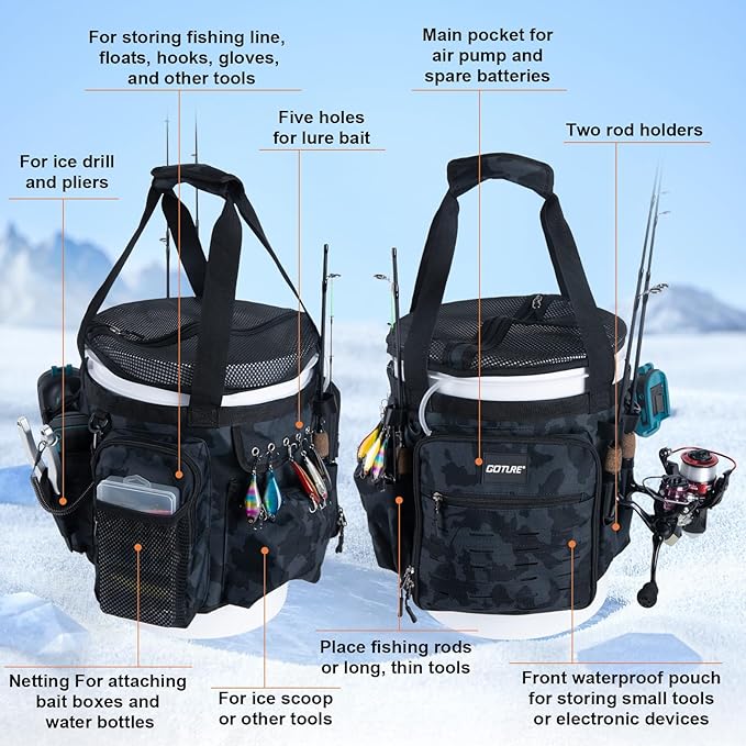 Goture Fishing Bucket Organizer for 5 Gallon Bucket, Heavy-Duty Waterproof Tackle Bag with 15+ Pockets, Ice Auger Holster & Secure Lock Straps for Ice Fishing Gear (Black, No Bucket)