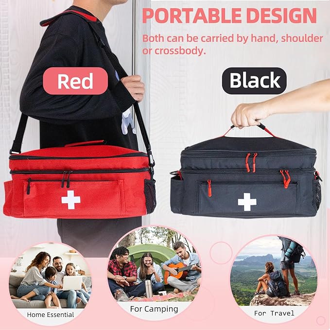 ALSLEA First Aid Bag Empty Large Medical Bag with Shoulder Strap 16”x 9.5” x 7” Medicine Organizer Travel First Aid kit Emergency Supplies Storage Bag for Car, Home, Office, Outdoor (Black)