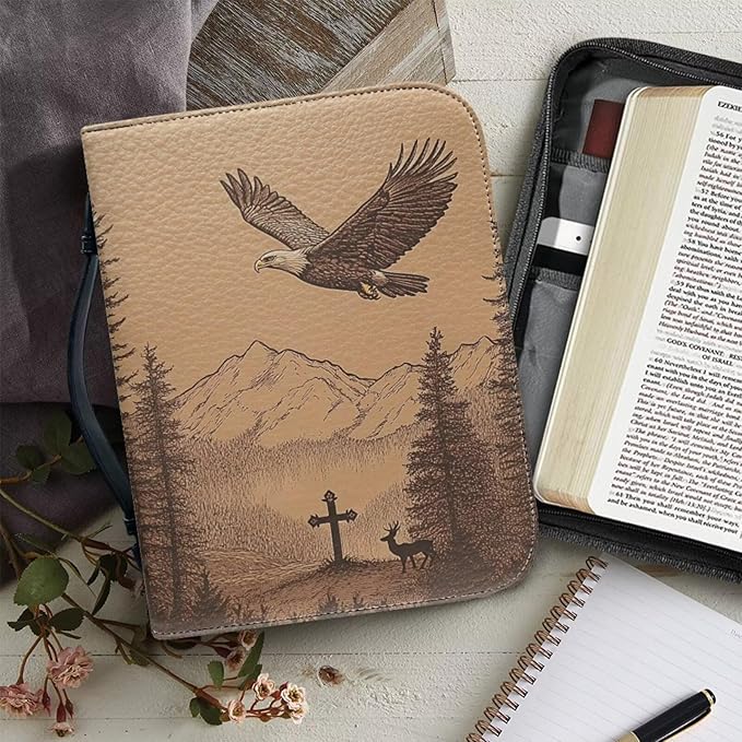 Bible Cover & Case for Men & Women - PU Leather with Bald Eagle Cross & Deer Design Ideal Gift for Christians Christmas Small Bible Cover Bible Case Size