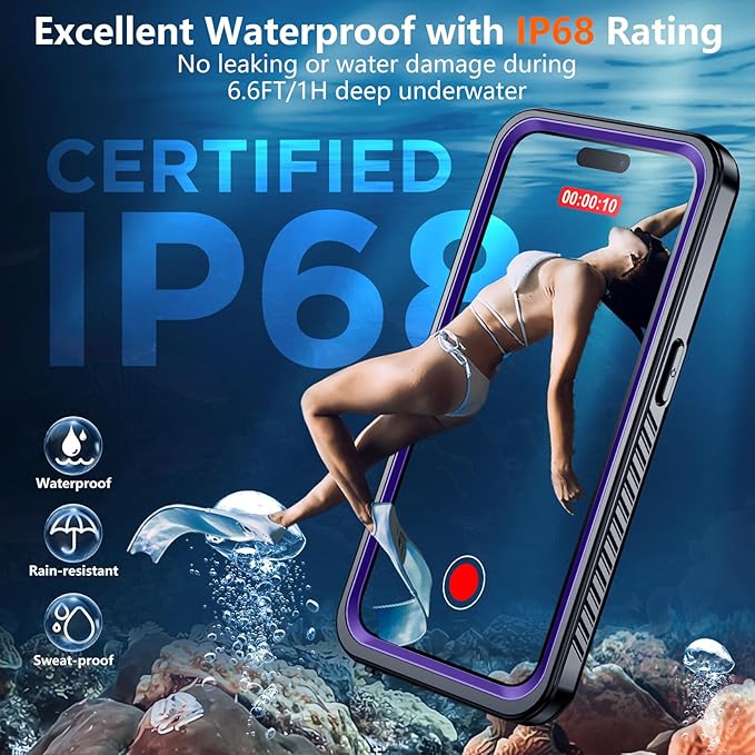SPIDERCASE for iPhone 15 Pro Case Waterproof, Built-in Lens & Screen Protector, Full Heavy Duty Protection, 12FT Military Shockproof, Dustproof, Anti-Scratched Phone Case,Purple