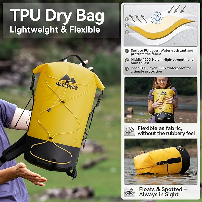 MARCHWAY Floating Roll Top Dry Bag, Flexible Lightweight TPU Waterproof Backpack 20L/30L/40L with Padded Straps for Boating, Kayaking, Swimming, Hiking, Beach (Yellow, 20L)