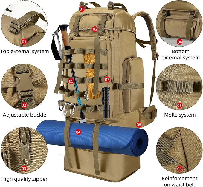 70L/100L Camping Hiking Backpack with Rain Cover, Expandable Large Military Tactical Backpack, Waterproof Molle Racksack Travel Backpacking Daypack for Climbing Trekking (Khaki)
