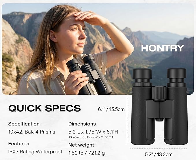 Hontry 10x42 Binoculars with IPX7 Waterproof Protection for Bird Watching, Hunting, Cruise Ship, Travel and Safari