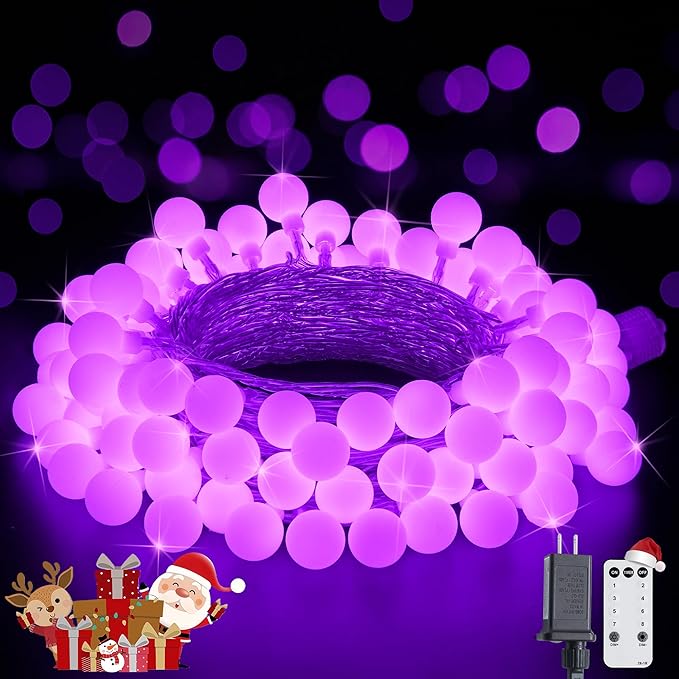 JMEXSUSS Purple Christmas Lights Indoor, Connectable 100 LED Globe String Lights Plug in with Remote, 33 ft 8 Modes Purple String Lights Outdoor for Bedroom Room Party Christmas Decor