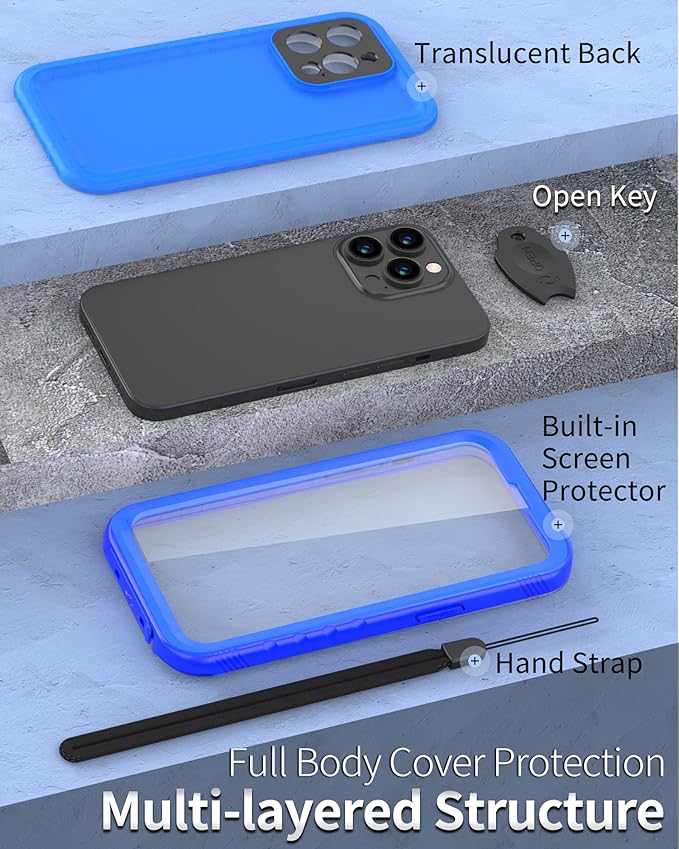SPORTLINK iPhone 13 Pro Max Waterproof Case - Full Body Heavy Duty Protection with Screen Protector, Shockproof, 6.7" - Blue