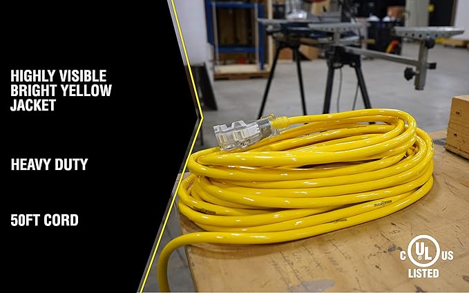 Southwire Outdoor Extension Cord - Power Light Indicator Cable for Heavy Duty Tools - SJTW - 12 Gauge - Water Resistant - High Visibility - Yellow - 50 Foot