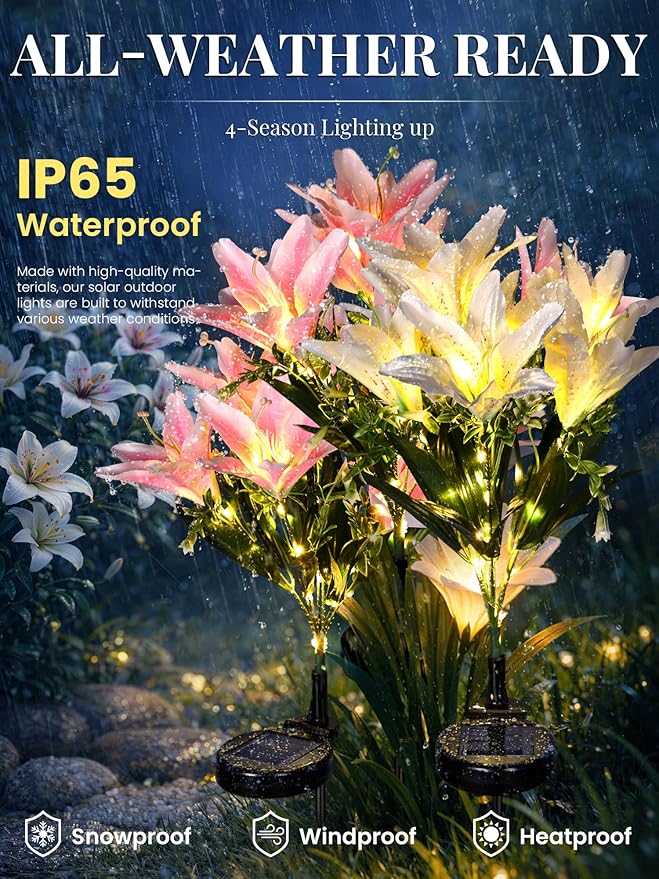 GIGALUMI Solar Garden Lights, 2 Pack LED Lily Garden Decor Carefree Solar Flowers Outdoor Waterproof, Yard Decorations Outdoor, Allergy-Free Light up Flowers for Yard Patio (1White,1Pink)