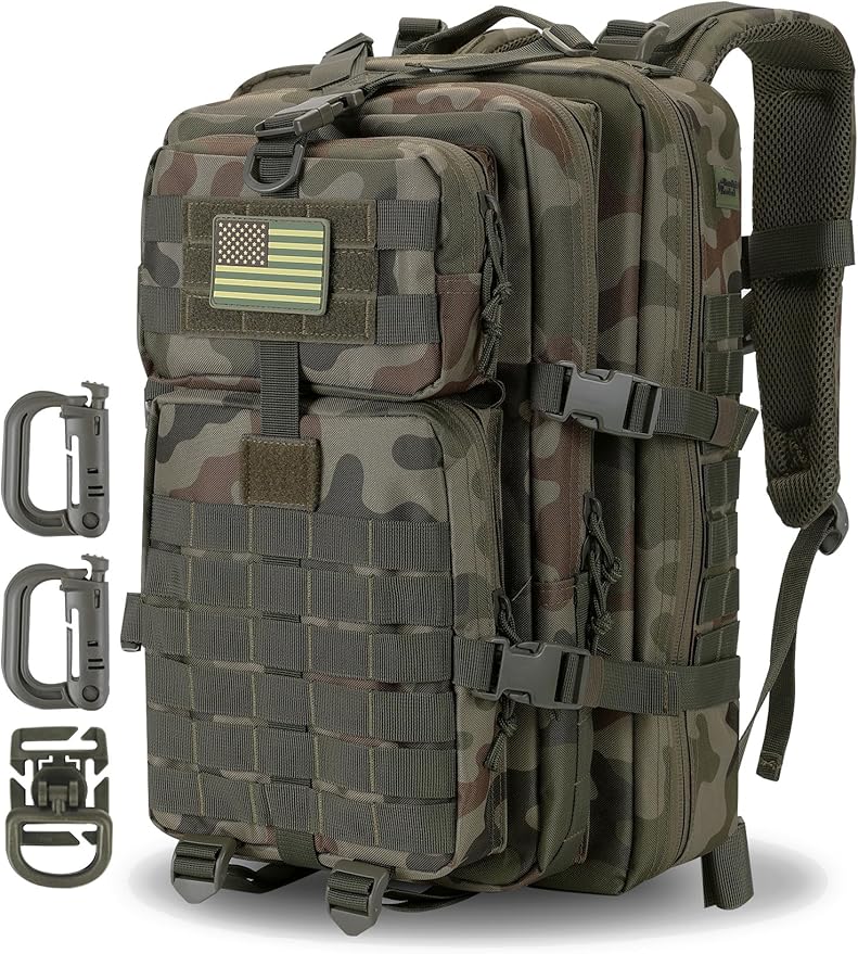 Hannibal Tactical MOLLE Assault Backpack, Tactical Backpack Military Army Camping Rucksack, 3-Day Pack Trip w/USA Flag Patch, D-Rings, Polish Camo
