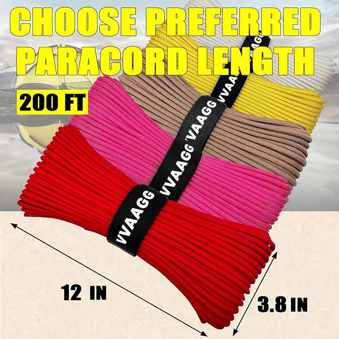 VVAAGG 1000 Red Paracord 200FT Utility Parachute Cord 4mm Nylon String12 Strand Nylon Camping Rope, Tent Rope, Clothsline Rope for Survival & Camping Gear (Red, 200FT)