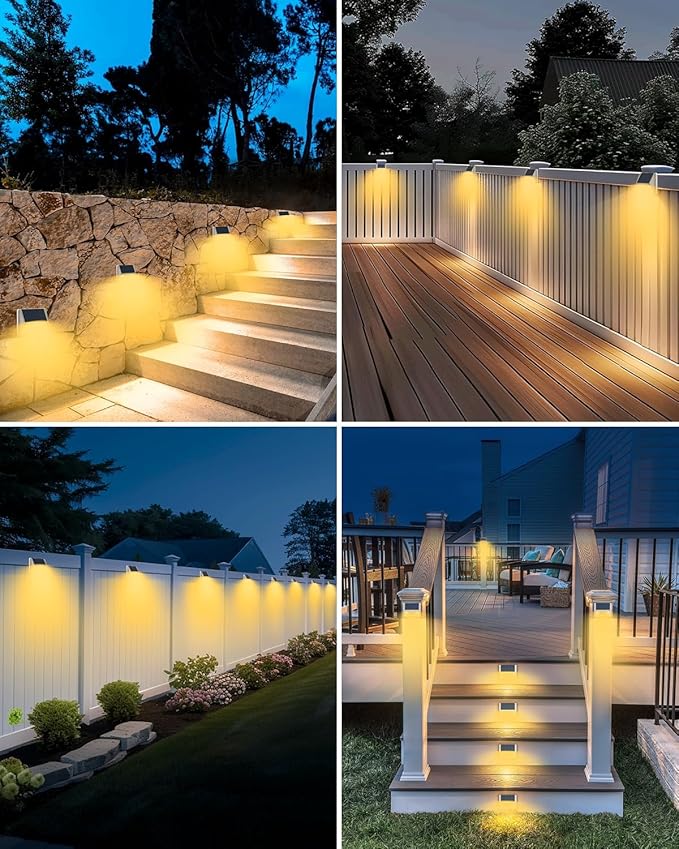 Vighep 4 Pack Solar Fence Lights Waterproof, Motion Sensor Deck, Warm White LED Outside Wireless for Wall, Yard, Garden - White