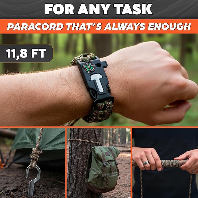 Paracord Bracelets for Men and Women – Adjustable Survival Paracord Bracelet with 10 ft Nylon Survival Cord, Flint Fire Starter, Compass, Whistle & Scraper – Gear for Camping, Hiking, Fishing & Travel